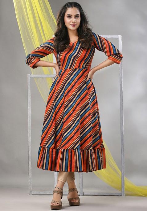 Orange Striped Print Cotton Blend Midi Ethnic Dress