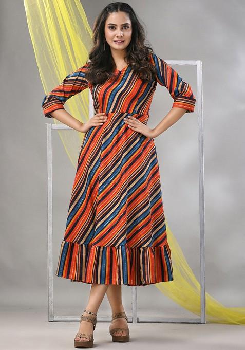 Orange Striped Print Cotton Blend Midi Ethnic Dress