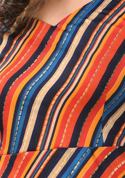 Orange Striped Print Cotton Blend Midi Ethnic Dress