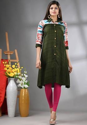Green Geometric Print Rayon Kurta