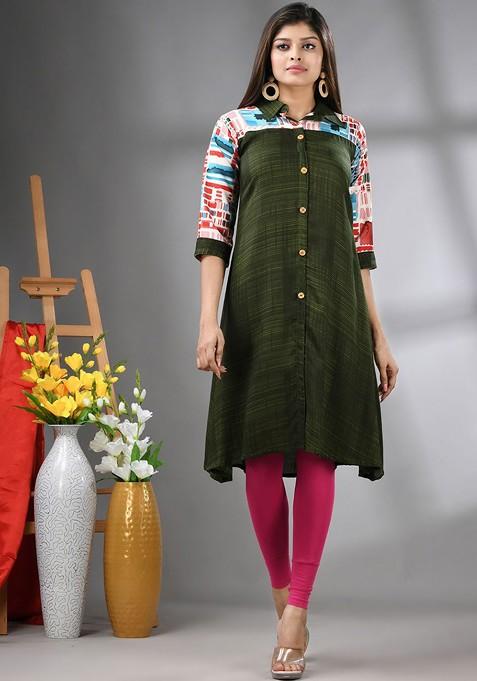 Green Geometric Print Rayon Kurta