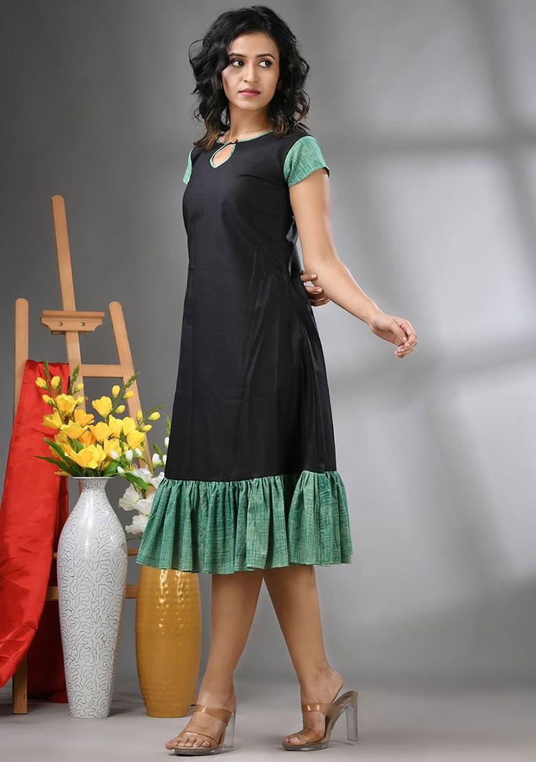 Black Ethnic Motifs Cotton Midi Ethnic Dress