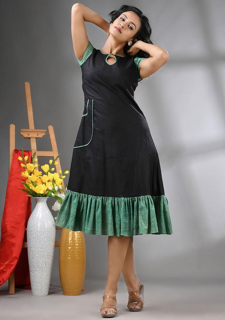 Black Ethnic Motifs Cotton Midi Ethnic Dress