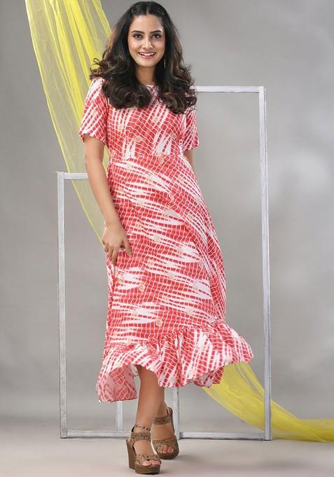 White Printed Rayon Midi Ethnic Dress