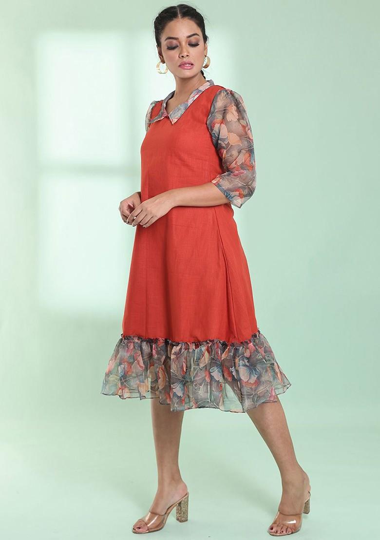 Orange Solid Cotton Midi Dress