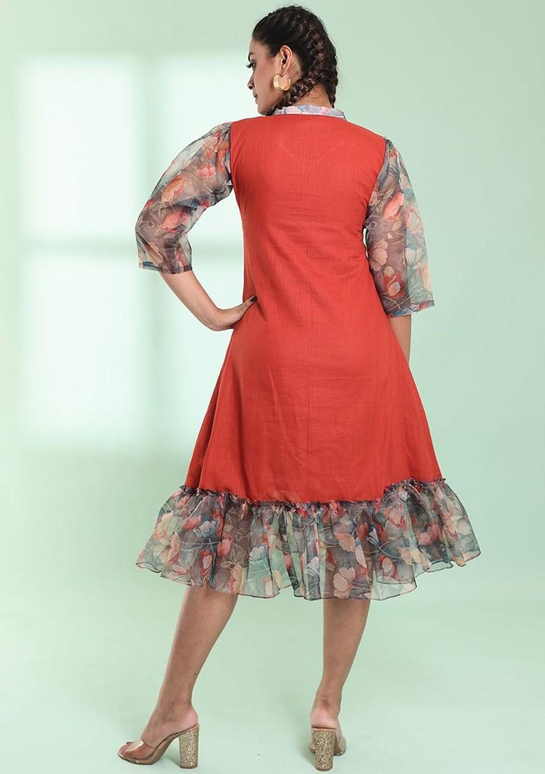 Orange Solid Cotton Midi Dress