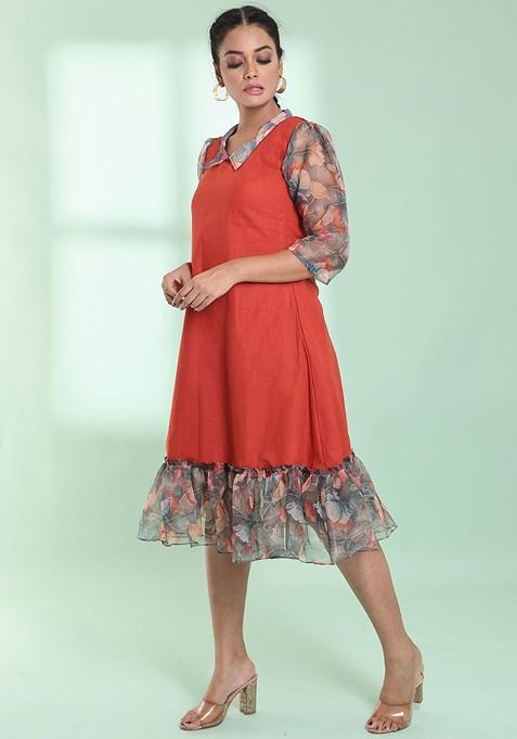 Orange Solid Cotton Midi Dress