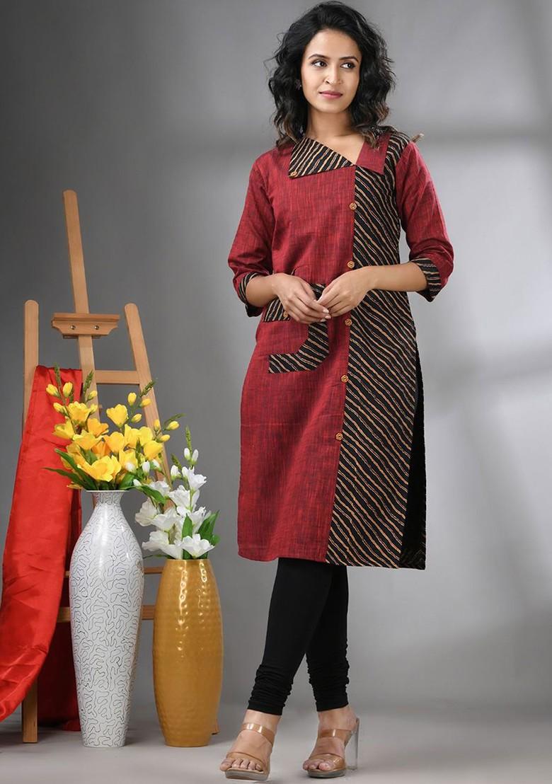 Maroon Printed Cotton Kurta - Indya