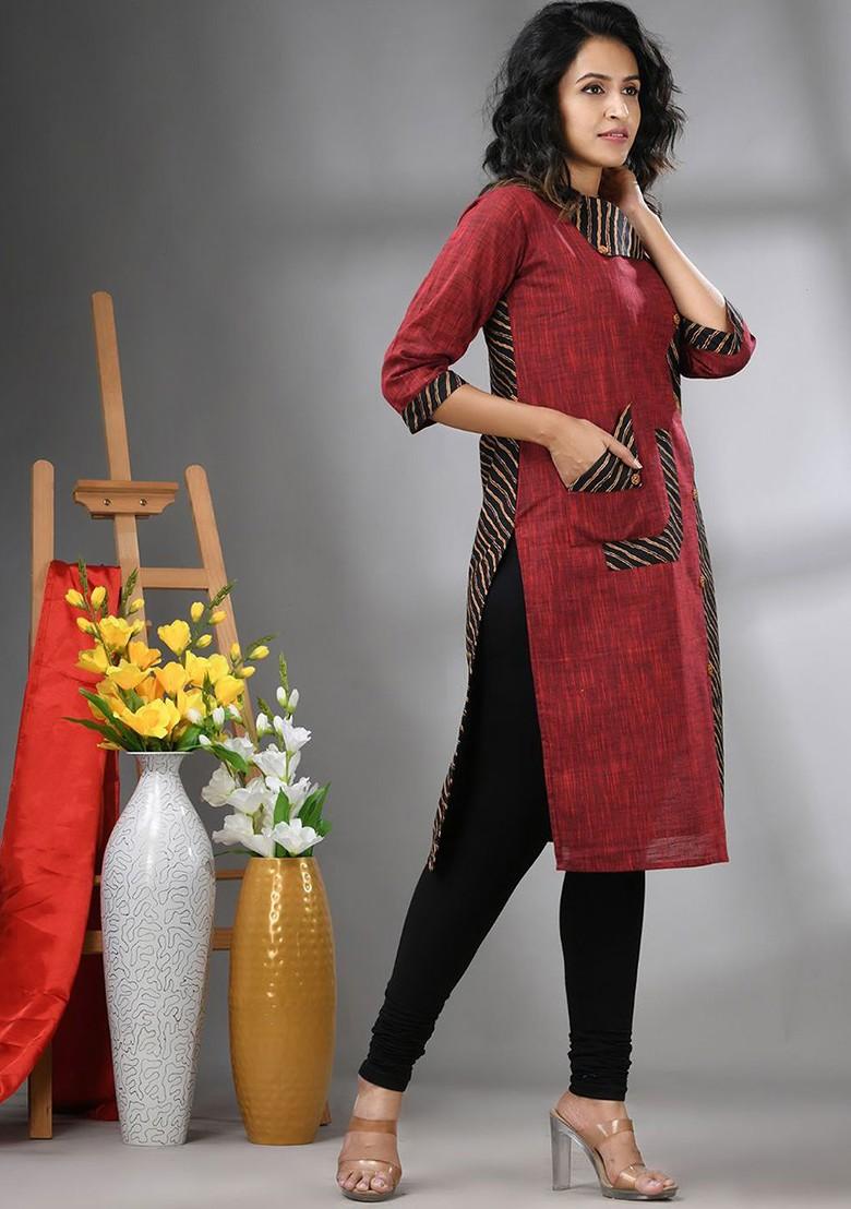 Maroon Printed Cotton Kurta - Indya