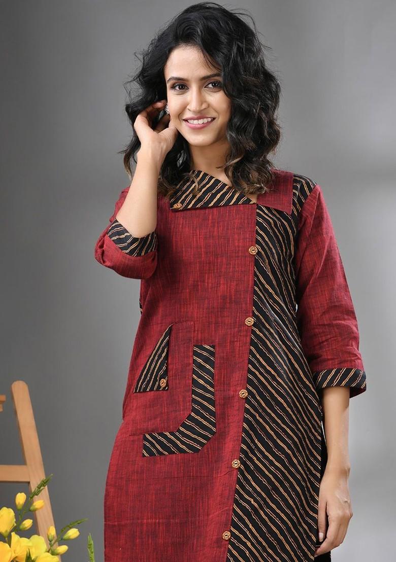 Maroon Printed Cotton Kurta - Indya