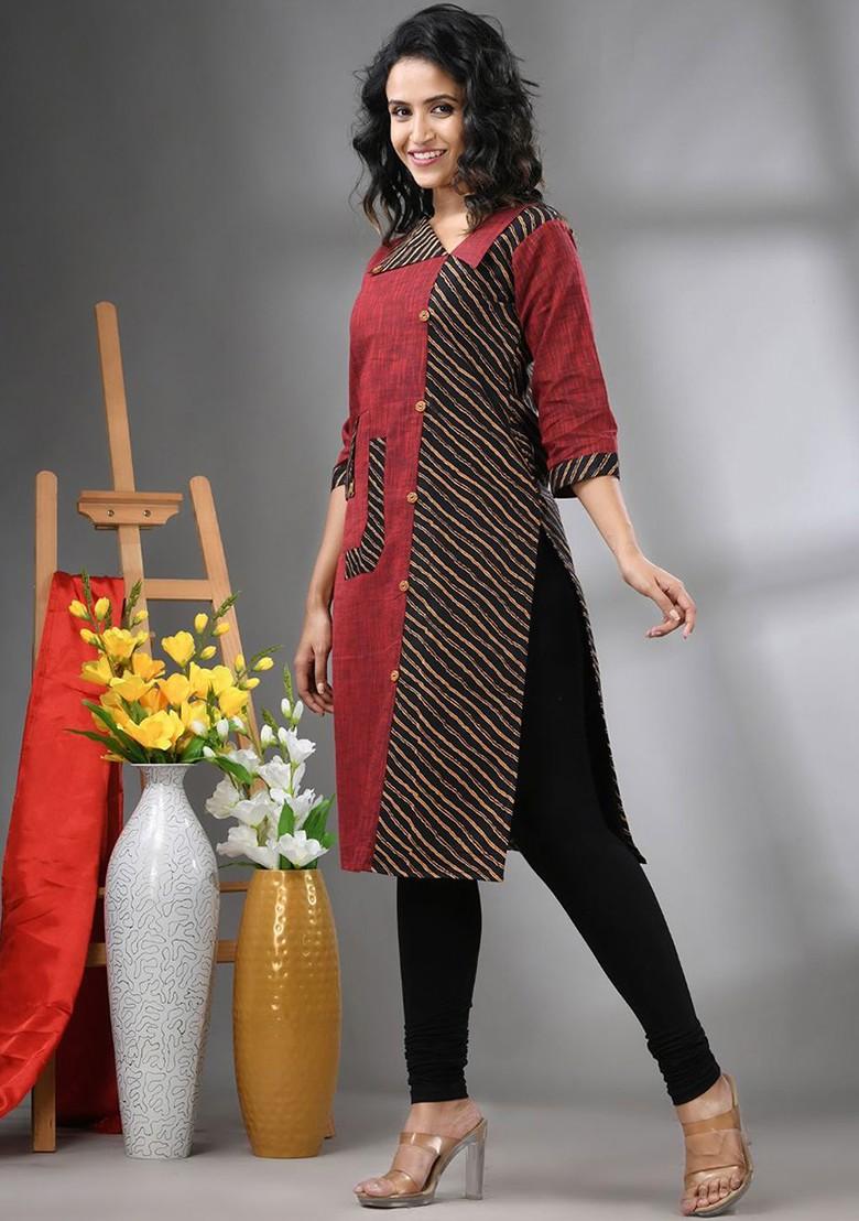 Maroon Printed Cotton Kurta - Indya