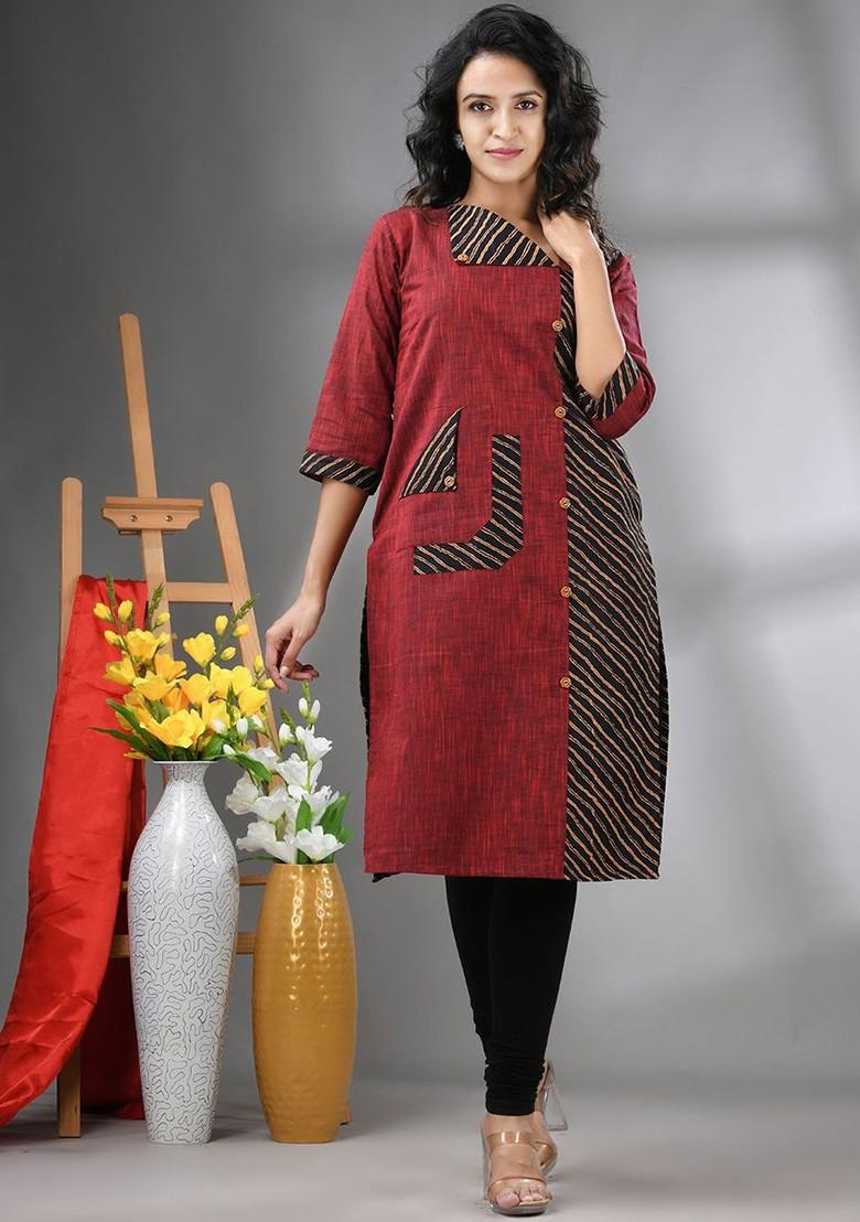 Maroon Printed Cotton Kurta - Indya