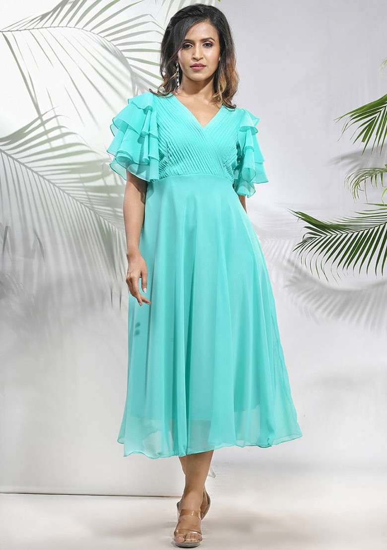 Sea Green Solid Georgette Gown - Indya