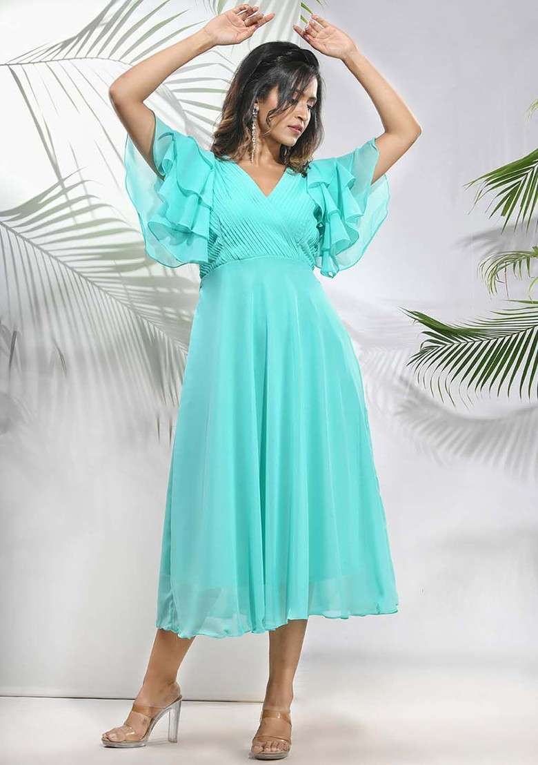 Sea Green Solid Georgette Gown - Indya