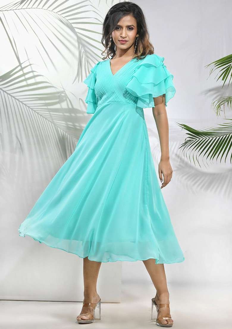 Sea Green Solid Georgette Gown - Indya