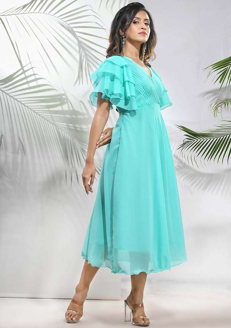 Sea Green Solid Georgette Gown - Indya