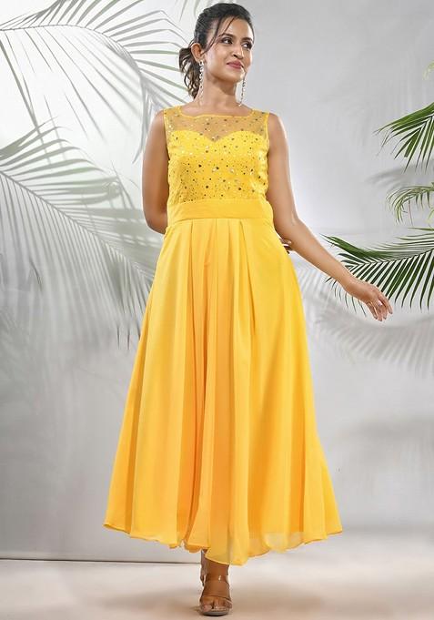 Yellow Embellished Georgette Maxi Dress