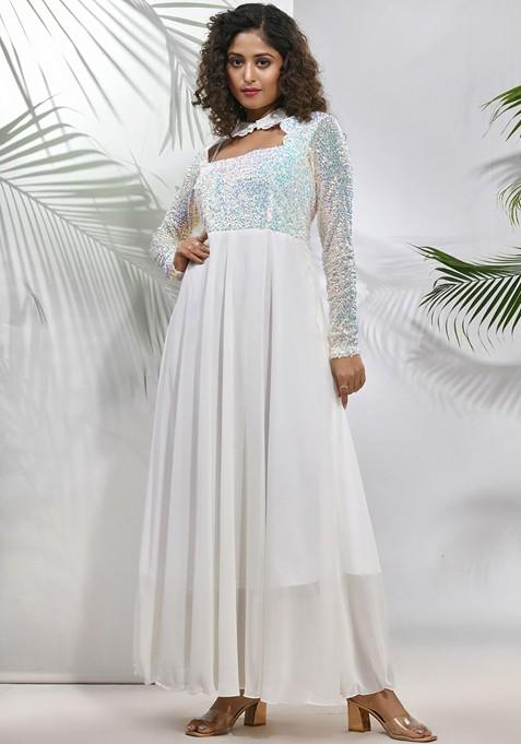 Off White Embellished Georgette Maxi Dress