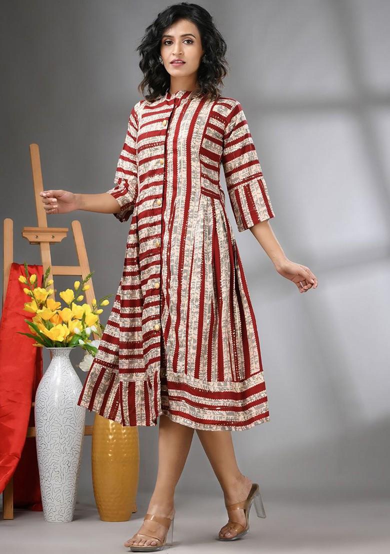 Maroon Ethnic Motifs Rayon Midi Ethnic Dress