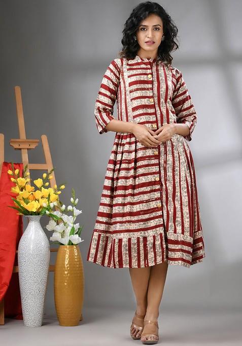 Maroon Ethnic Motifs Rayon Midi Ethnic Dress