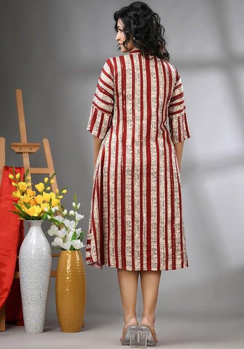 Maroon Ethnic Motifs Rayon Midi Ethnic Dress