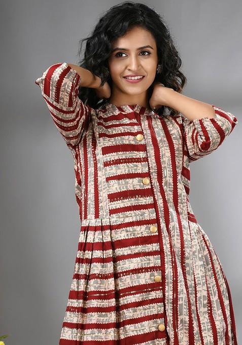 Maroon Ethnic Motifs Rayon Midi Ethnic Dress