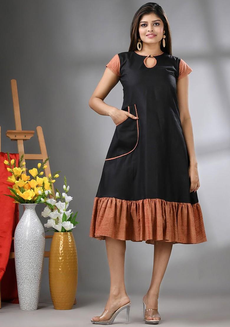 Black Ethnic Motifs Cotton Midi Ethnic Dress