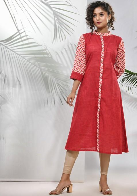 Red Solid Cotton A- Line Kurta