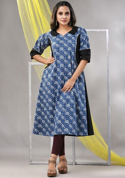 Blue Printed Cotton A- Line Kurta