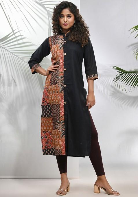 Black Printed Cotton Straight Kurta