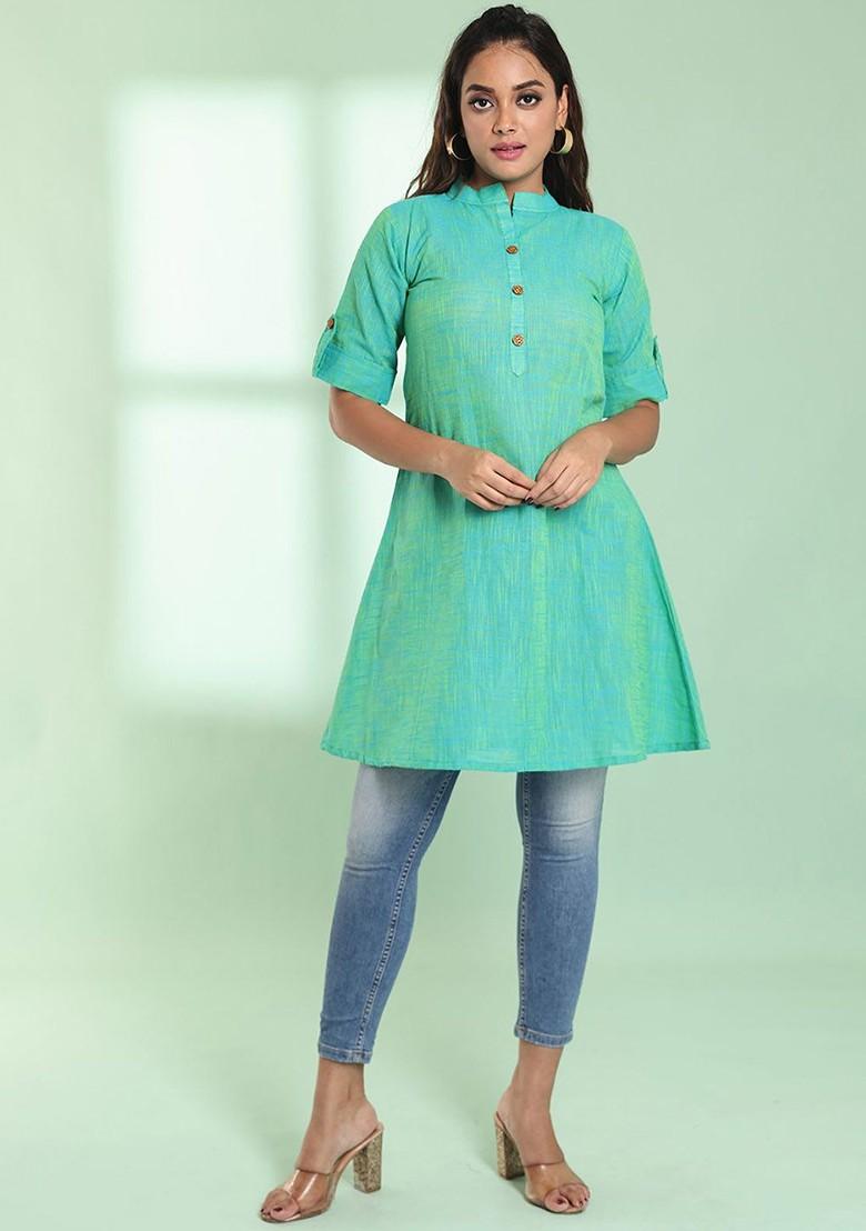 Green Woven Cotton Pathani Kurta