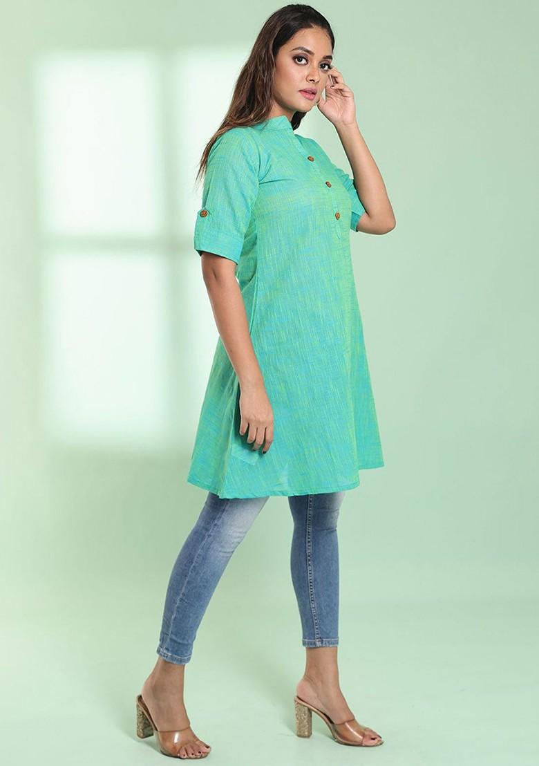 Green Woven Cotton Pathani Kurta