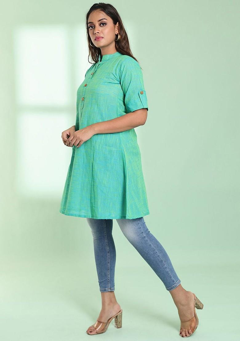 Green Woven Cotton Pathani Kurta