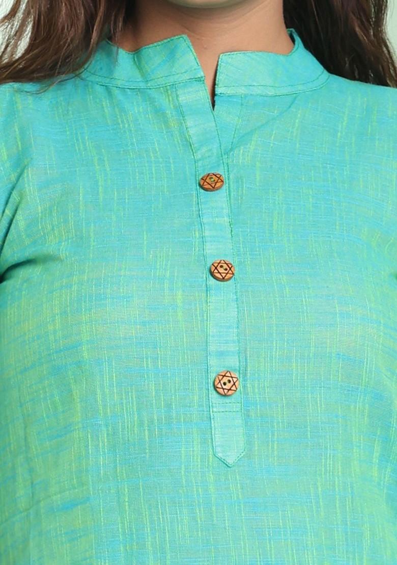 Green Woven Cotton Pathani Kurta