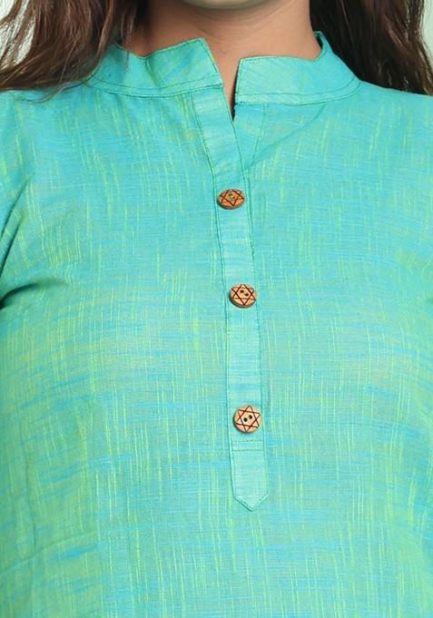 Green Woven Cotton Pathani Kurta