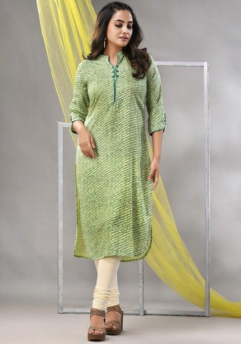 Green Printed Rayon Straight Kurta