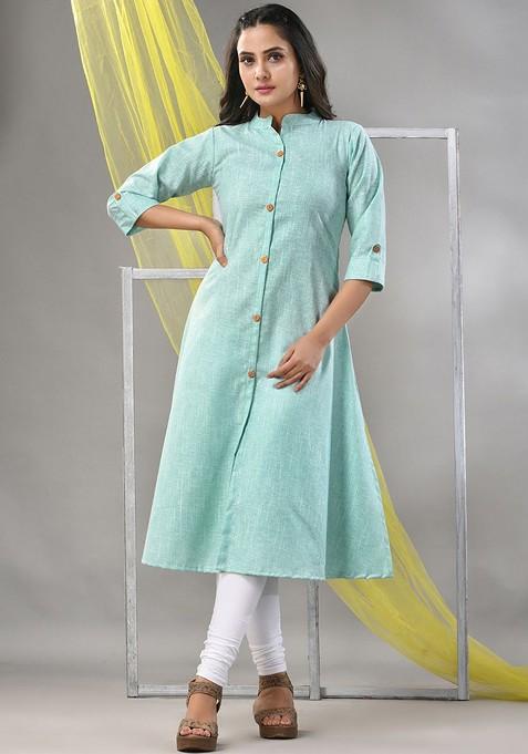 Green Solid Cotton A- Line Kurta