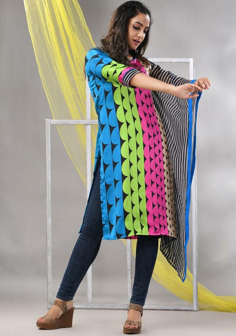 Blue Printed Satin A- Line Kurta