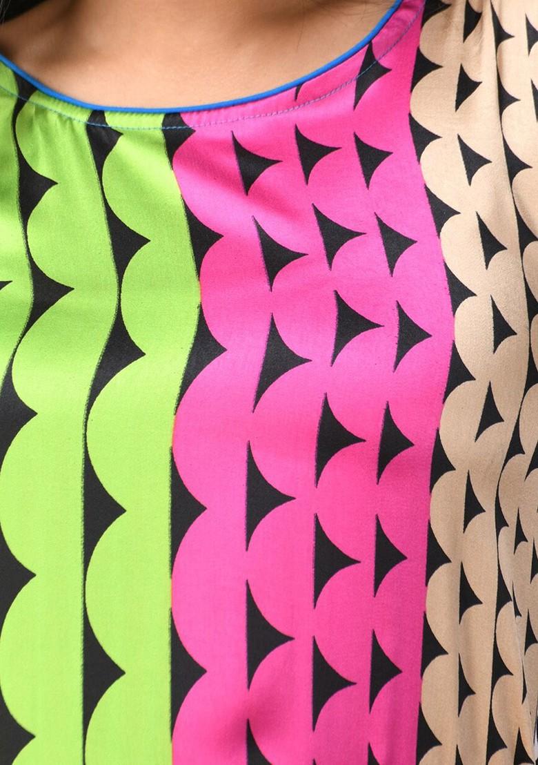 Blue Printed Satin A- Line Kurta - Indya