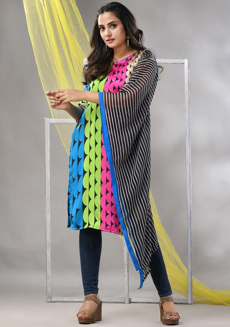 Blue Printed Satin A- Line Kurta