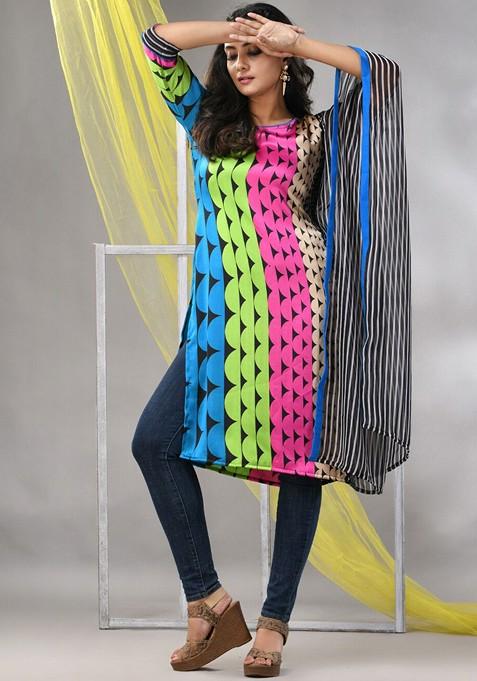 Blue Printed Satin A- Line Kurta