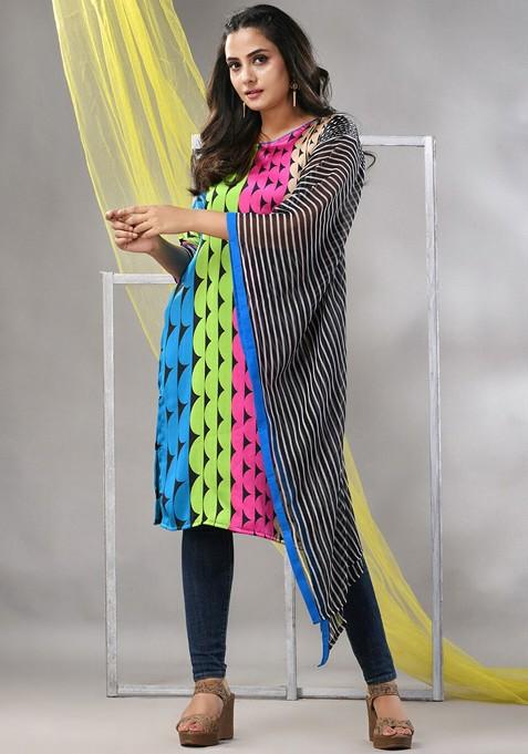 Blue Printed Satin A- Line Kurta