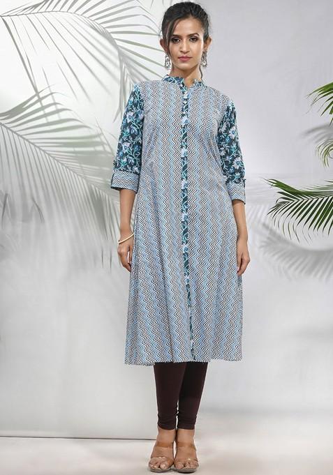 White Striped Print Cotton A- Line Kurta