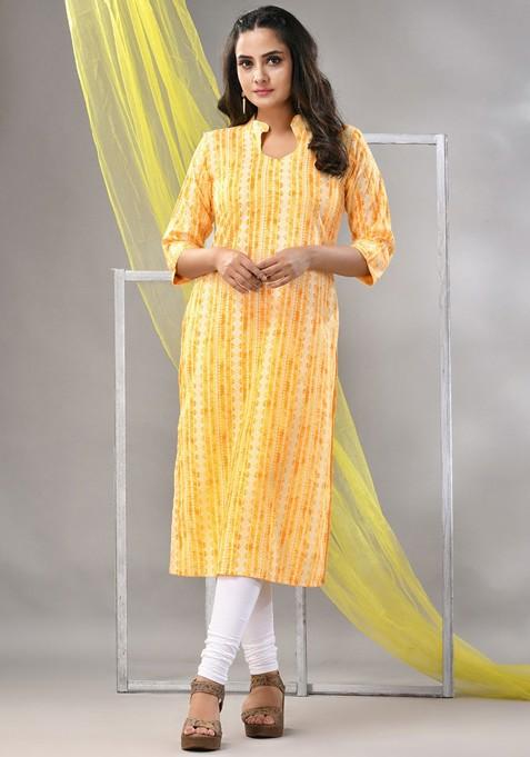 Yellow Striped Print Rayon A- Line Kurta