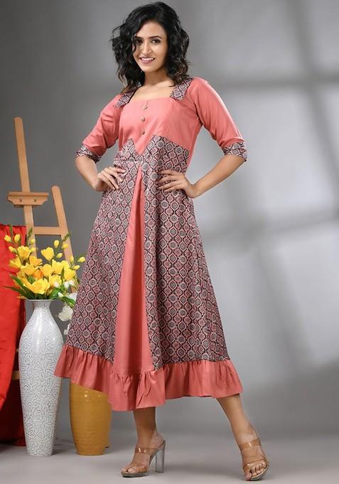 Peach Printed Georgette Maxi Ethnic Dress