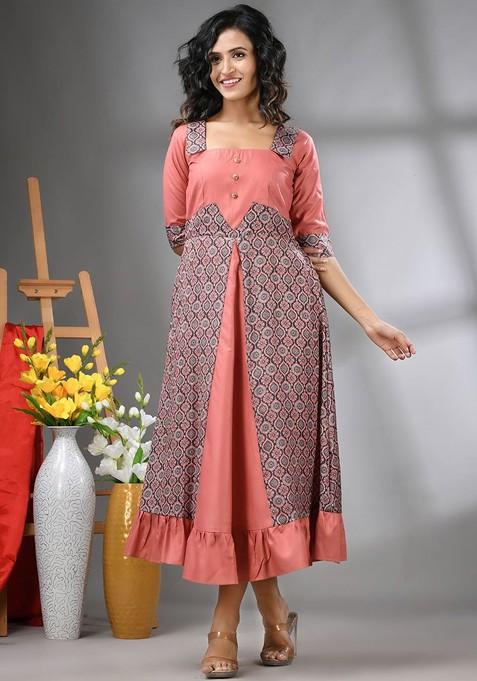 Peach Printed Georgette Maxi Ethnic Dress
