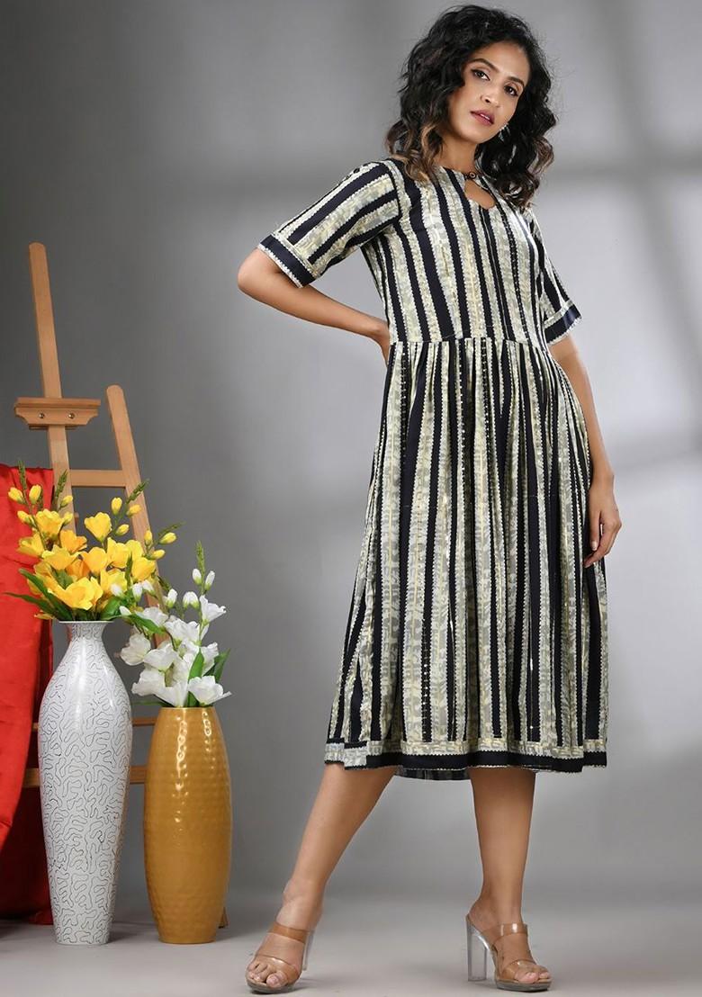 Black Embellished Rayon Midi Ethnic Dress