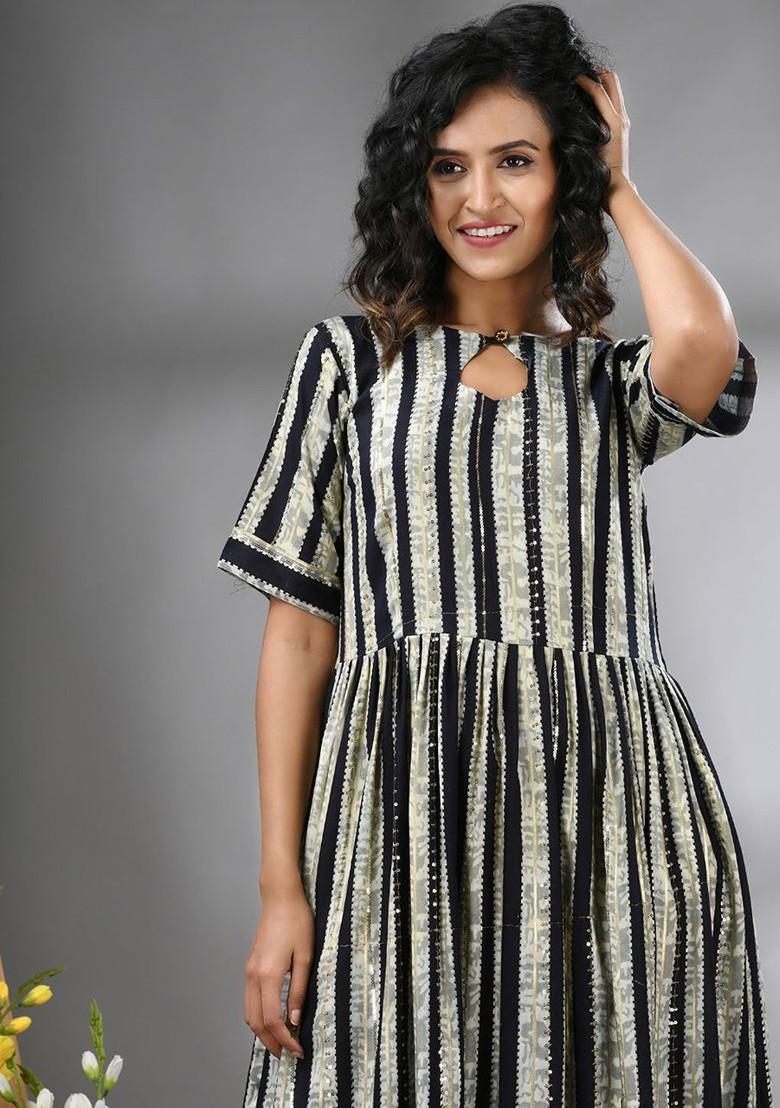 Black Embellished Rayon Midi Ethnic Dress