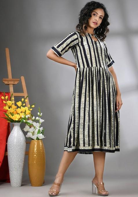 Black Embellished Rayon Midi Ethnic Dress