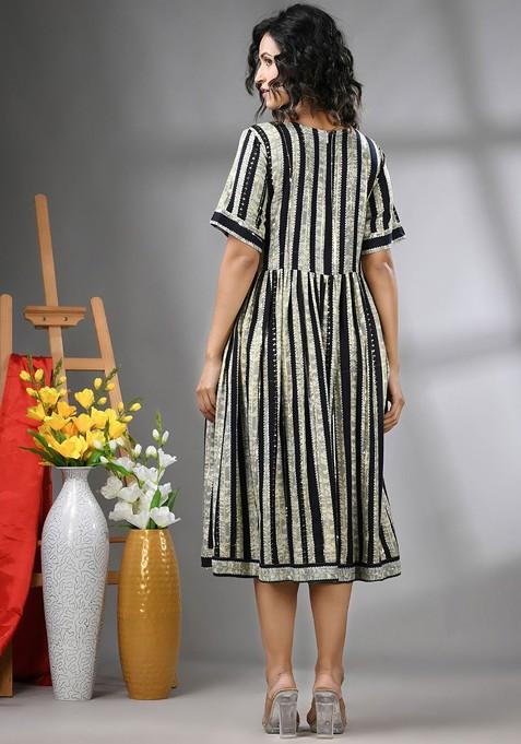 Black Embellished Rayon Midi Ethnic Dress